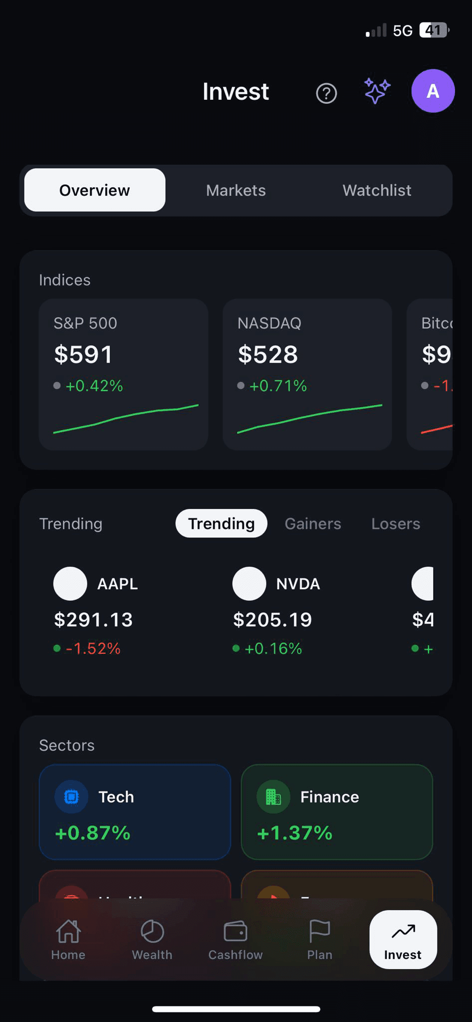 Markets, watchlists, and one-tap research